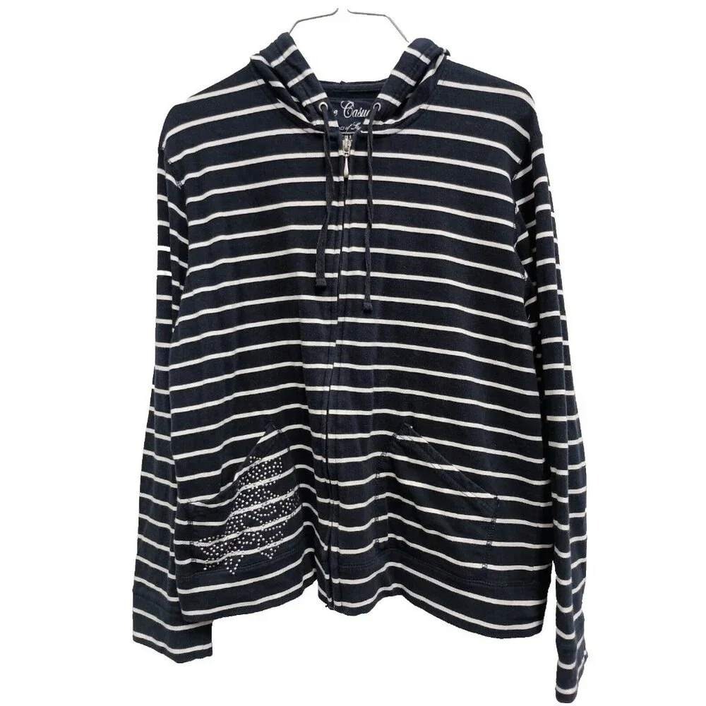 Onque Casuals Y2K Hoodie Womens‎ XL Navy Striped Full Zip Rhinestone Star